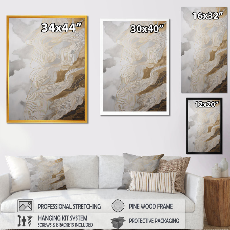 Reproduction d'art sur toile abstraite dorée et grise III, Cadre photo noir, H 44 po x l 34 po x P 1,5 po