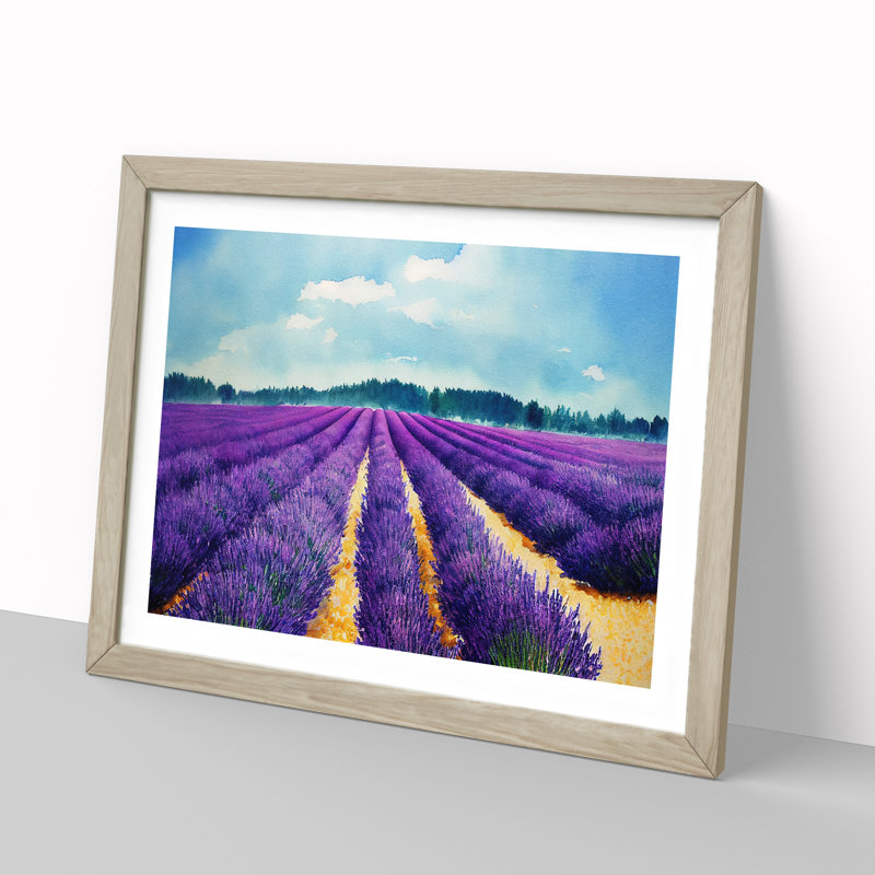 Lavender Field Watercolour - Single Picture Frame Painting, 25cm H x 34cm W x 2cm D, Oak