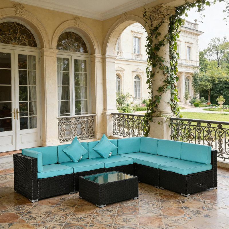 Ensembles de conversation d'extérieur, ensemble de canapé modulaire d'extérieur avec coussins, Turquoise, Marron foncé