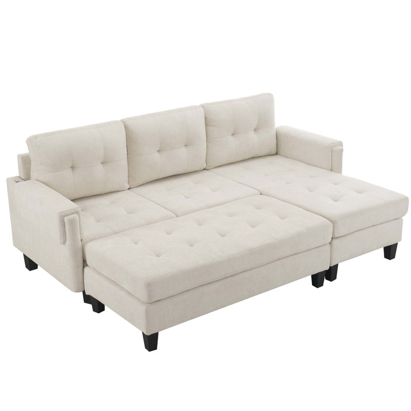 Canapé-lit modulaire en L et méridienne réversible avec banc et station de charge, Chenille beige