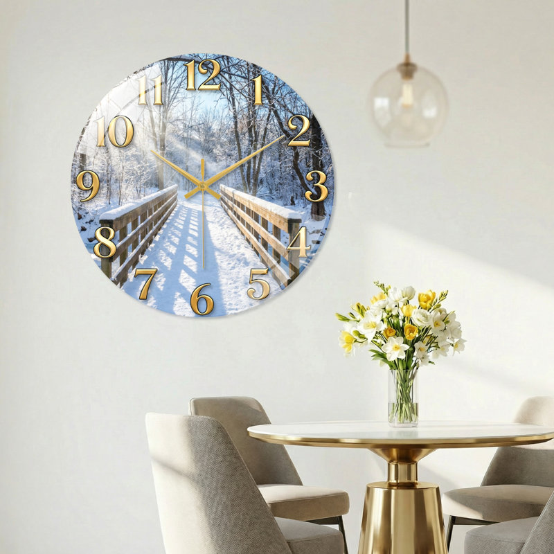 Horloge murale en verre Winter Bridge, 60 x 60 cm (23,6 x 23,6 pouces)
