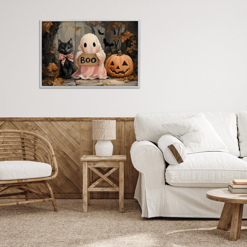 Joli dessin d'Halloween boo encadré, design par Arlington Prints, H 16 po x l 24 po, Estampe numérique Farmhouse