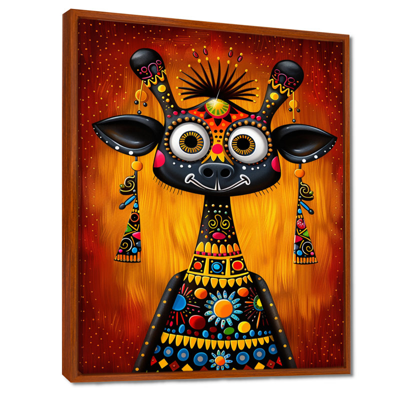 Carnavalesque, vache colorée Boho - vache, art mural, Toile avec cadre brun, H 32 po x l 16 po x P 1 po
