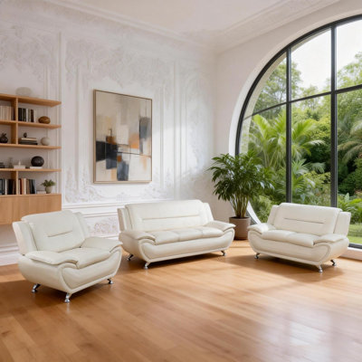 3PCS Sofa Set For Living Room, Modern Leather Couch With Chair, Loveseat & Sofa, 3 Pieces Living Room Furniture (Set, White Leather)