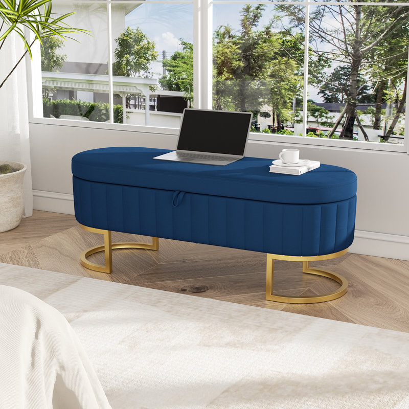 Velvet Upholstered Storage Bench with Horseshoe-Shaped Metal Legs for Living Room: Stylish and Functional Bed-End Solution