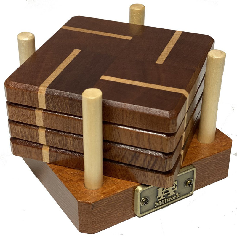 Wood Coaster Set With Holder, Brown