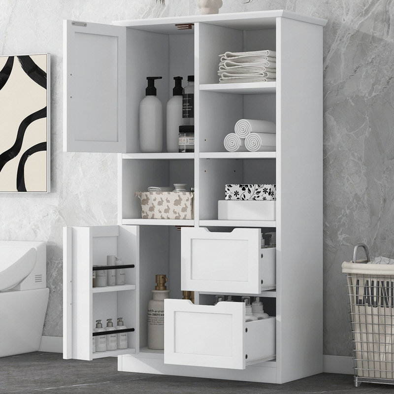 Armoire de rangement pour salle de bain avec portes et tiroirs, plusieurs espaces de rangement, style autoportant, tablettes ouvertes, tablettes réglables