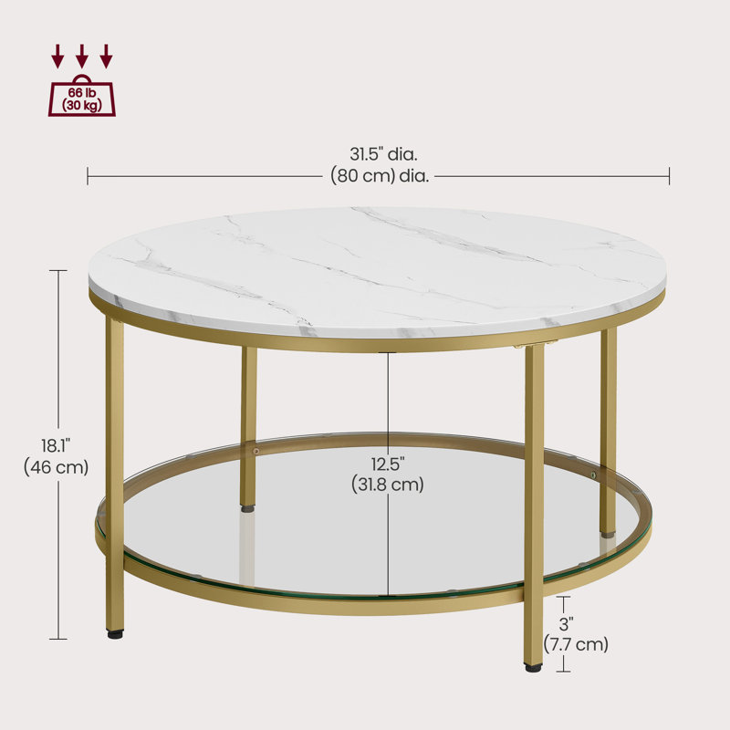 Aubra Round Coffee Table with Storage, White Top/ Gold Base