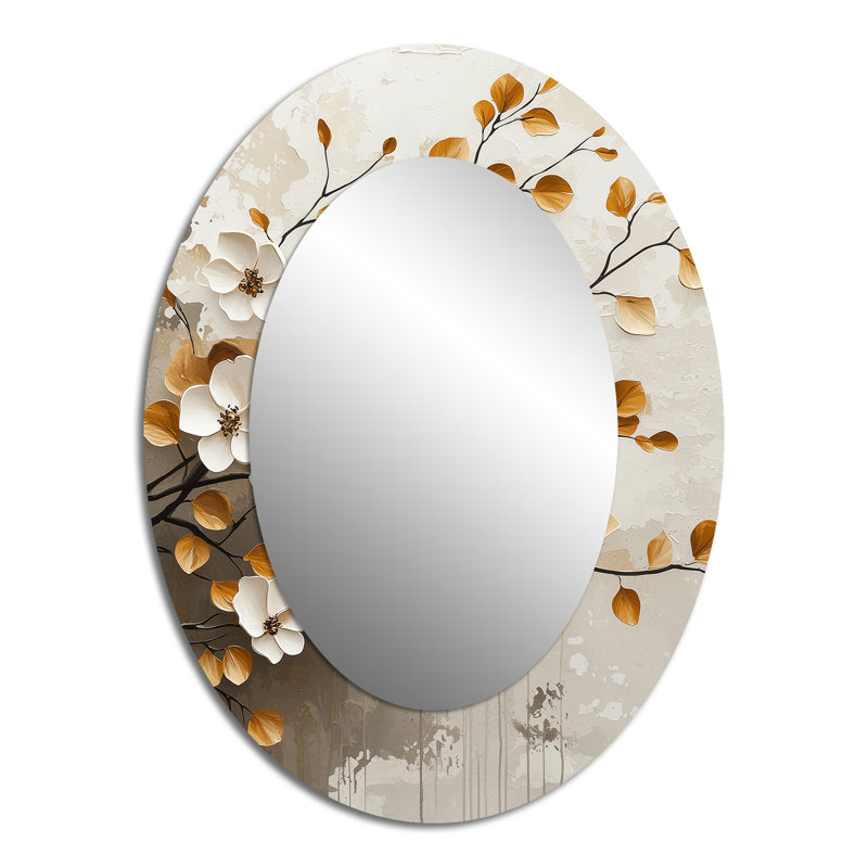 White Gold Botanical Cherry Blossom Trees - Large Oval Wall Mirror On Metal, 40" x 30"