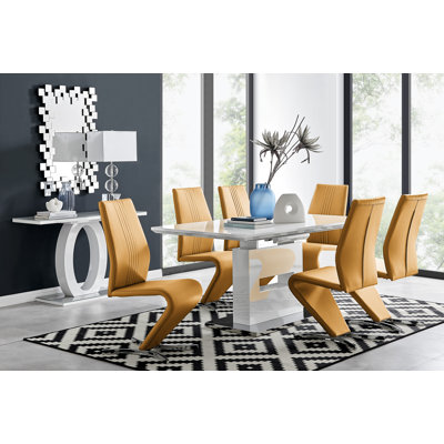 Alezzo Modern High Gloss Extendable Dining Table Set with 6 Modern Design Faux Leather Dining Chairs