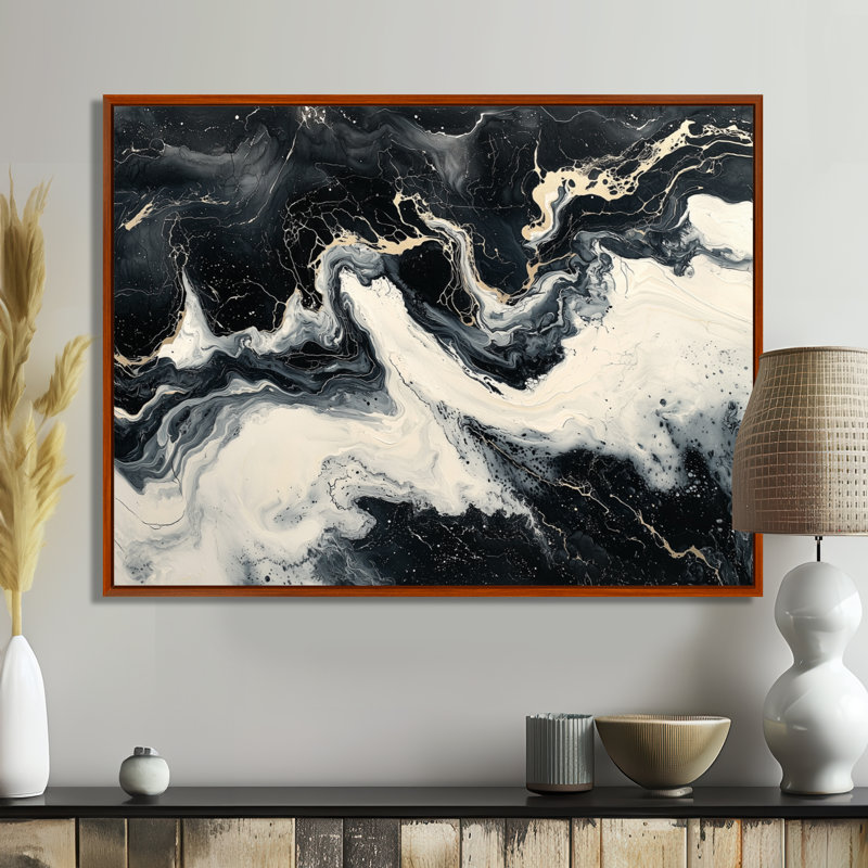 Art moderne sur toile en marbre, H 24 po x l 32 po, Cadre flottant, Brun