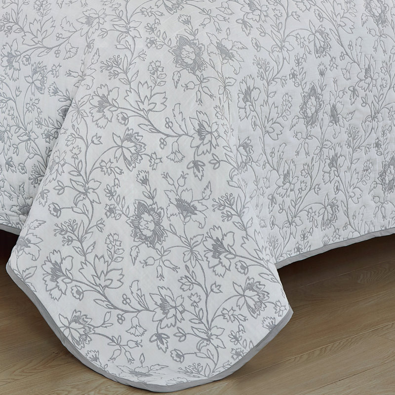 Ensemble de couvre-lit matelassé réversible 3 pièces à motif floral en polycoton gris clair et blanc, très grand