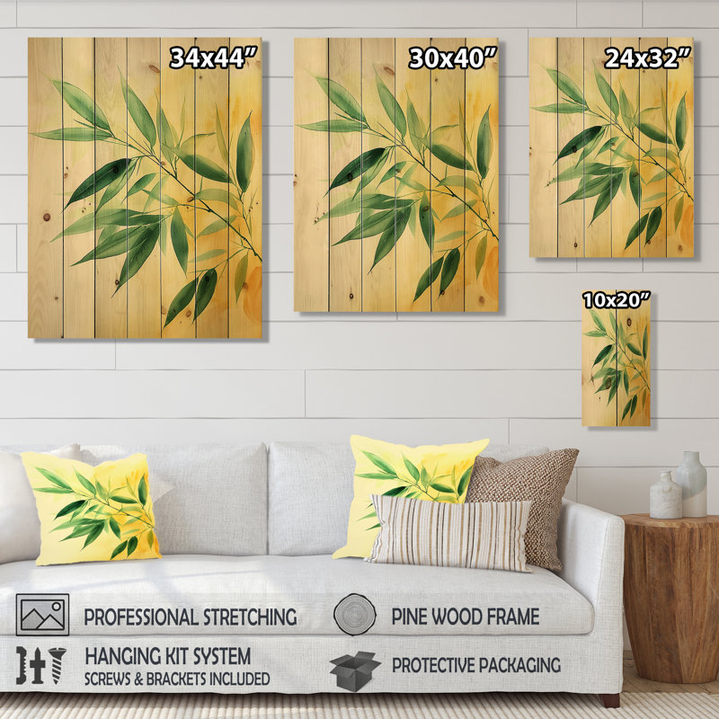 Feuilles de bambou vert et jaune en Afrique IV - Impression sur bois de feuilles - sur bois de pin naturel