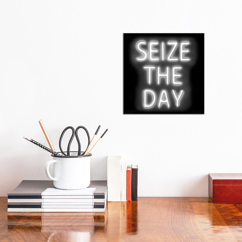 Neon Seize The Day White On Black by Hailey Carr - Wrapped Canvas Print, 30.48 cm H x 30.48 cm W
