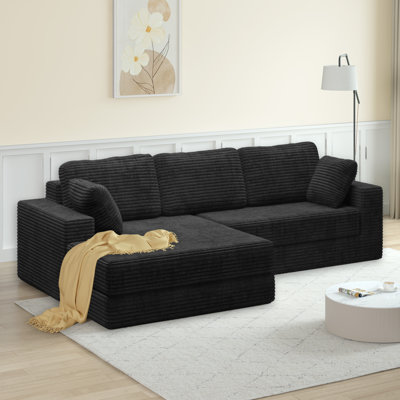 Left sofa seat, l-shaped modular sectional sofa with corduroy fabric, unfolds into a bed, black, space-efficient design