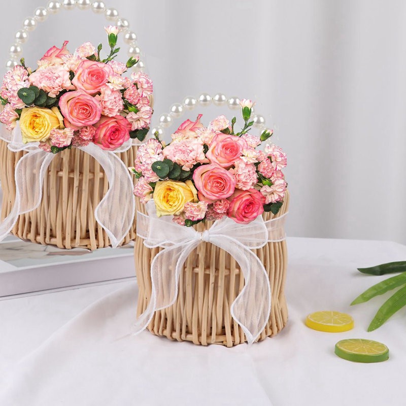 Ensemble de 3 paniers de demoiselle d'honneur avec poignée et nœud perle, doublure imperméable, panier de pétales de mariage en rotin en osier tissé à la main pour Pâques, bonbon d'Halloween, décoration de Noël et jardin