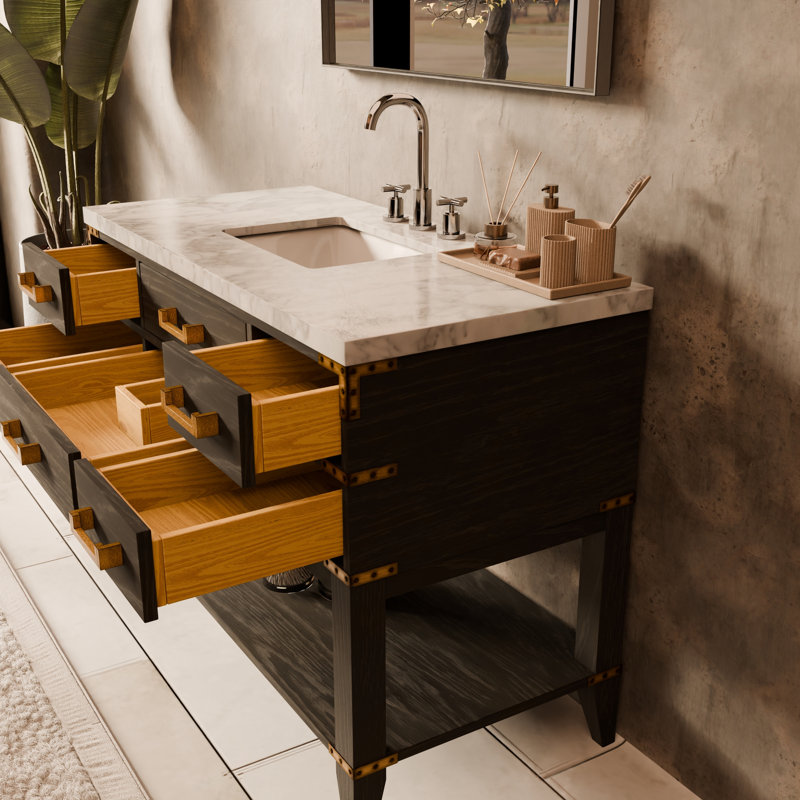 Ensemble de meuble-lavabo simple 48 po, Chêne noir, Marbre de Carrare blanc