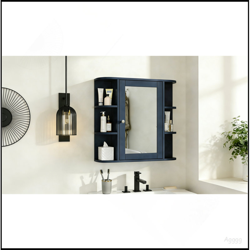 Bathroom Wall Storage Cabinet With Mirror, Medicine Cabinet With Adjustable Wood Shelf & Doors, Mounted Storage Cabinets With 6 Open Shelves, Blue