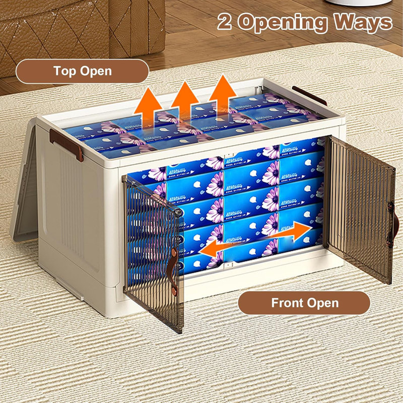 Plastic Stackable Storage Bins, 4 Pack 72QT Folding Storage Boxes with Doors and Wheels Closet Organizers and Storage Open Front Home Containers Boxes for Bedroom Dorm