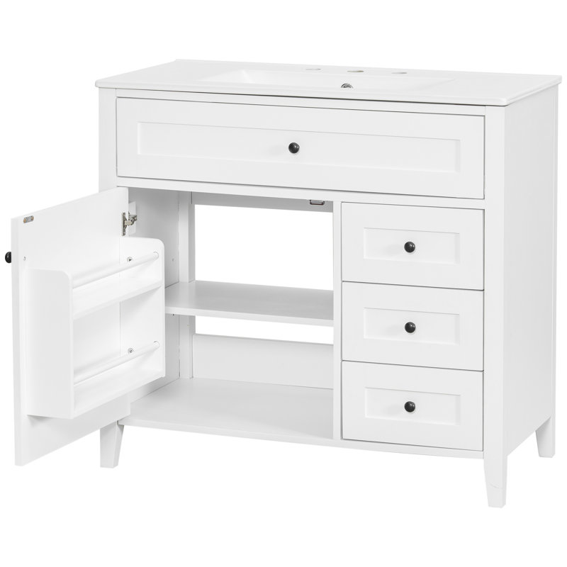 Meuble-lavabo simple autoportant blanc 18,3 po avec lavabo et rangement en céramique, White