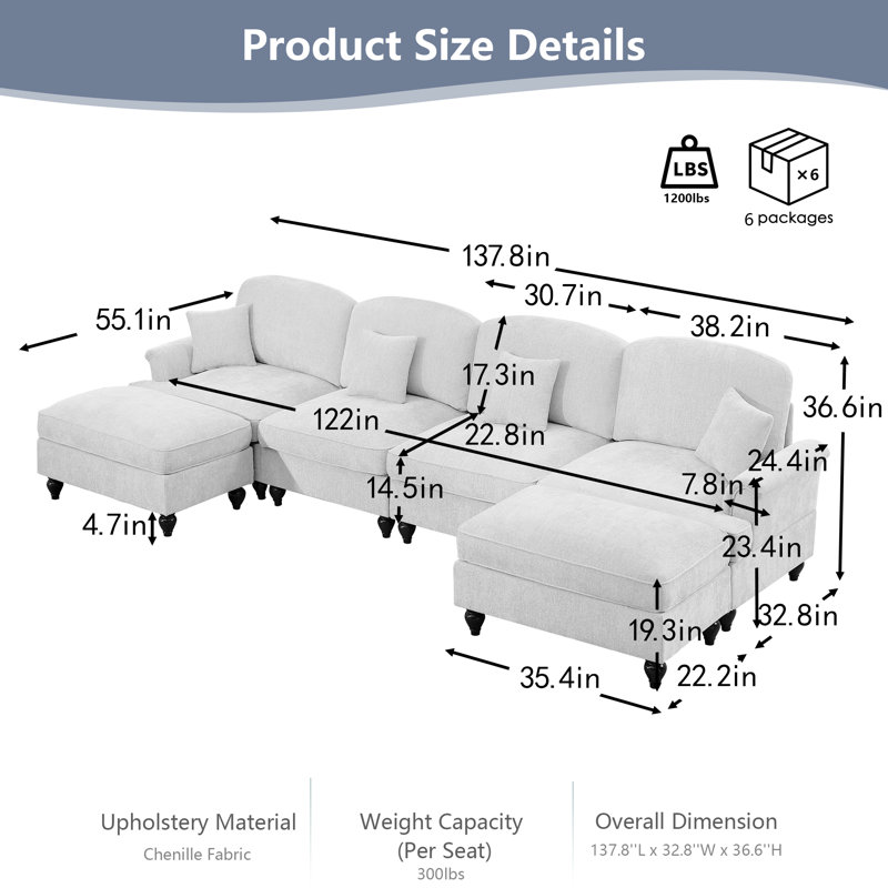 Classic U-Shape 4-Seater Sectional Sofa Chenille Cloud Couch with Flared Arms, Removable Ruffled Skirts & Spindle Legs, Includes Movable Ottomans for Versatile Configurations