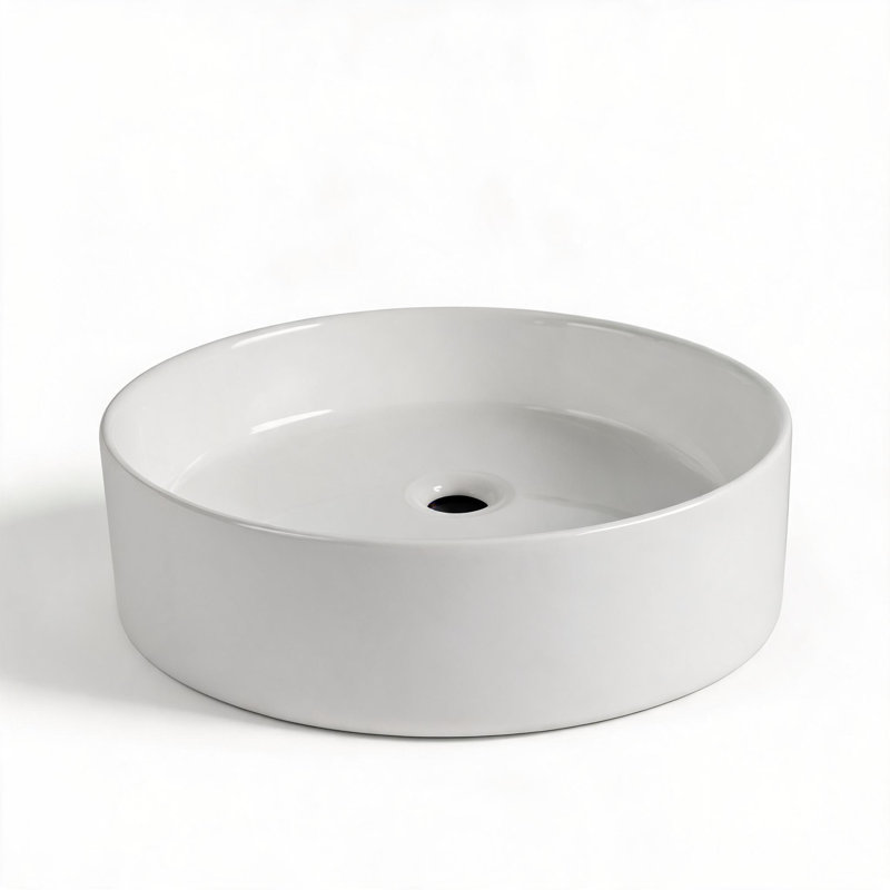 Lavabo de salle de bain rond en céramique blanche brillante de 40 cm (16 pouces) à poser, avec surface lisse émaillée.