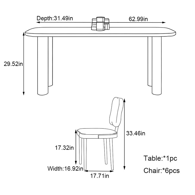 Cream style modern simple diniing table set, 29.52"H x 62.99"L x 31.49"W