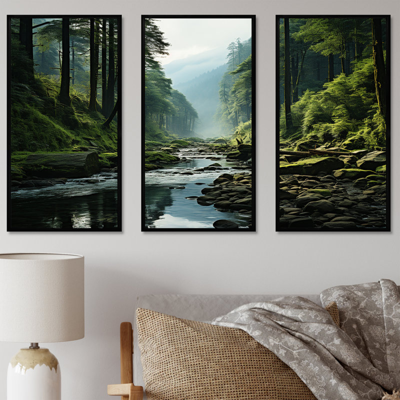 Ensemble de salon Mystic Wilderness Pine Forest In Canada V - Forest Wall Art, Cadre flottant noir