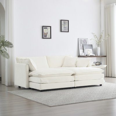 Canapé modulaire à structure en bois massif avec canapé 2 places et repose-pieds, tissu chenille blanc respirant, doux