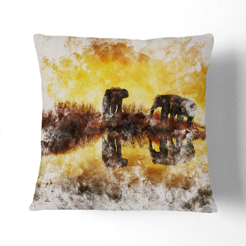 Elephants at Sunset Watercolour Scatter Cushion, 40cm H x 40cm W x 15cm D, Stone