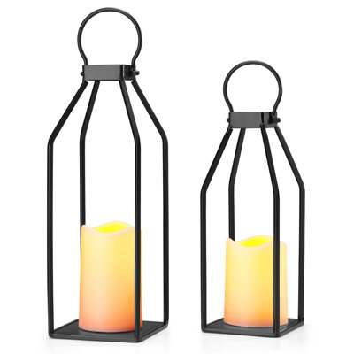 Lanterne décorative moderne, ensemble de 2 lanternes en métal noir de 15 po et 13 po, 2 bougies DEL sans flamme de 6 heures, minuterie à distance, lanternes décoratives pour l'extérieur, la maison, l'intérieur, le patio, Noël