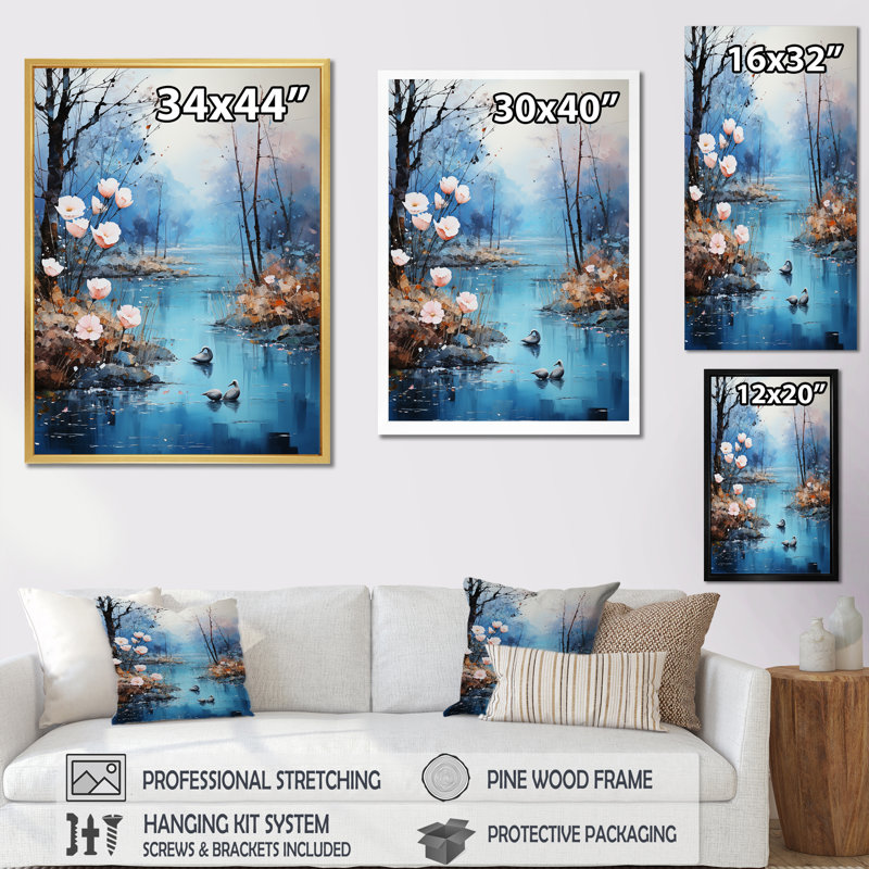 «Romantic Serene Floral Waters», reproduction sur toile encadrée, Cadre flottant blanc, H 44 po x l 34 po x P 1,5 po