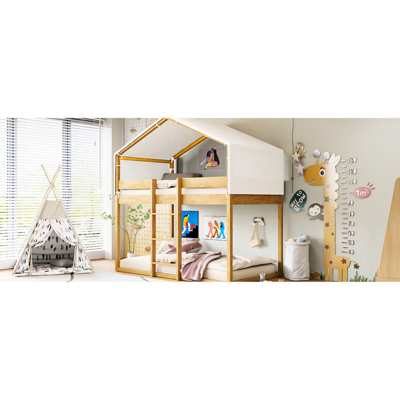 Lit superposé simple en bois de pin massif avec tente - élément d'aménagement de chambre à coucher amusant, Natural