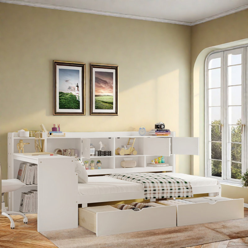 Wooden L-shape Daybed With Seven Storage Cabinets, Study Desk, Built-in Bookshelf And Two Drawers, White, Twin