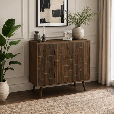 Accent Chest, 36" Wide, 2 Door Cabinet, Storage, Decorative, Dark Walnut Laminate, Mid Century, Transitional