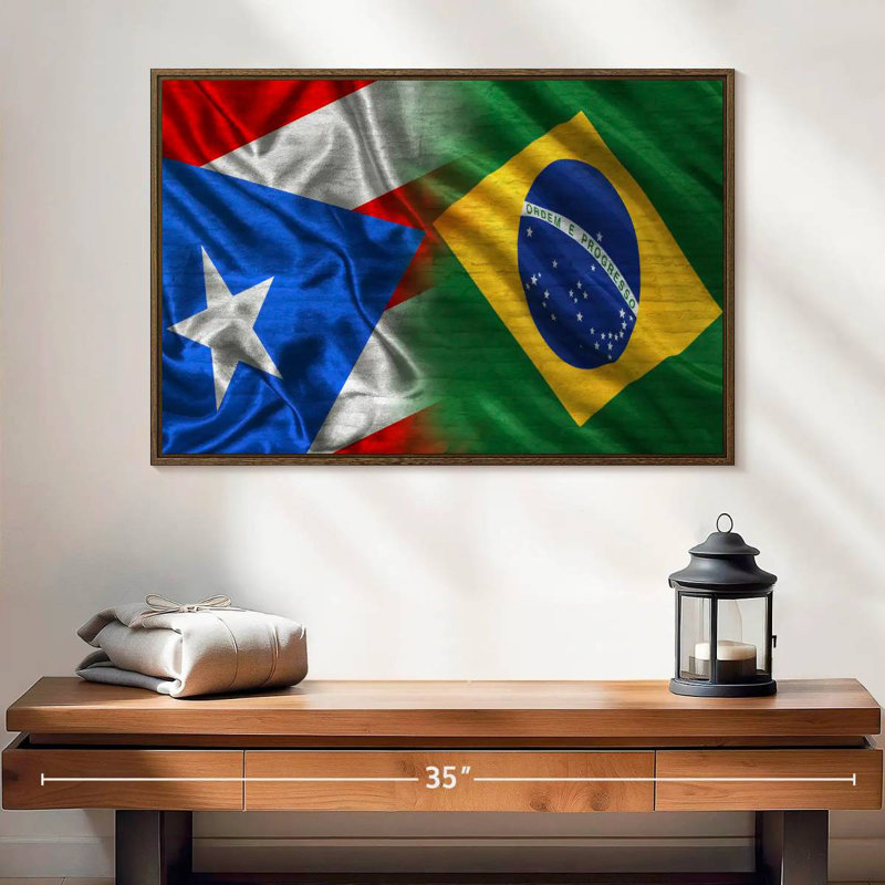 Puerto Rico And Brazil Flags, 25" X 17", Floating Frame Walnut
