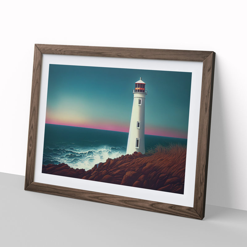 Classic Lighthouse Sunrise - Framed Print, 34cm H x 46cm W x 2cm D, Walnut
