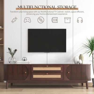 Meuble télé en rotin pour téléviseur de 75 po ou moins, console multimédia de style campagne moderne, centre de divertissement avec pieds en bois massif, meuble télé pour le salon, cinéma maison