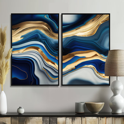 Agate vibrante bleue et dorée II - décoration murale moderne jaune 2 pièces