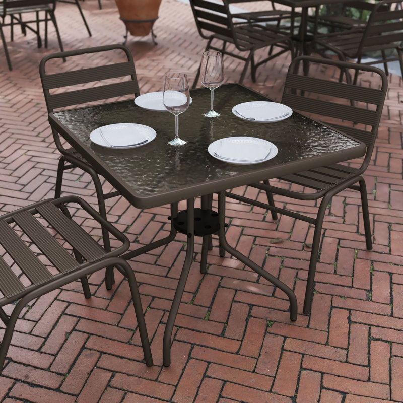Amlie Square Tempered Glass Metal Table with Smooth Ripple Design Top, Clear/Bronze, 28" H x 31.5" W x 31.5" D