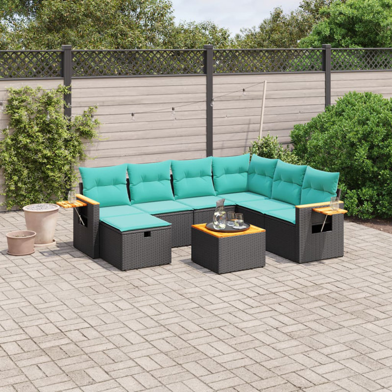 Ensemble de canapé de patio 8 pièces avec coussins en rotin de polyester, Bleu clair, Noir