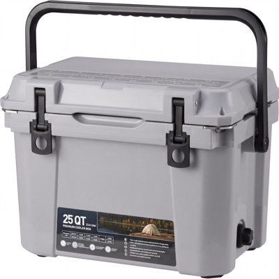 25QT Heavy Duty Camping Ice Cooler with 7-Day Ice Retention, Built-in Drain Plug, Bottle Opener & Fish Ruler, Portable Leak-Resistant Cooler for Beach, BBQ, Fishing, Gray