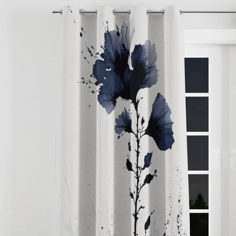 Blue White Hibiscus Euphoria II - Traditional Blackout Grommet Curtain - 1 panel, 52" W x 84" L, Silver Grommets