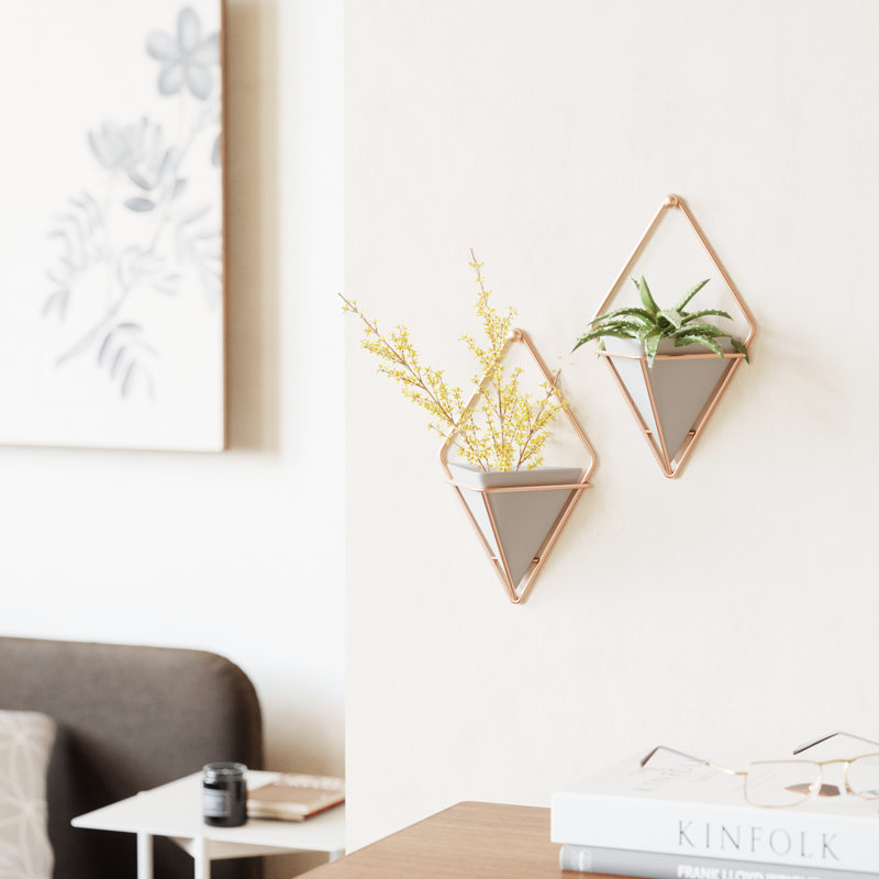 Small Black and Brass Geometric Hanging Planter Set