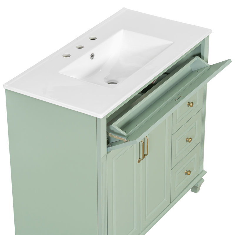 Meuble-lavabo de 36 po avec lavabo, armoire de salle de bain en bois massif avec tiroir rabattable, 3 tiroirs et 2 portes, conception élégante avec poignées en métal. (Ancien SKU: N725P356069F)
