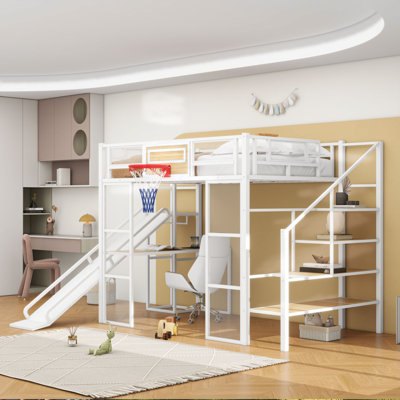 Full Size Metal Loft Bed With Desk,Slide And Staircase