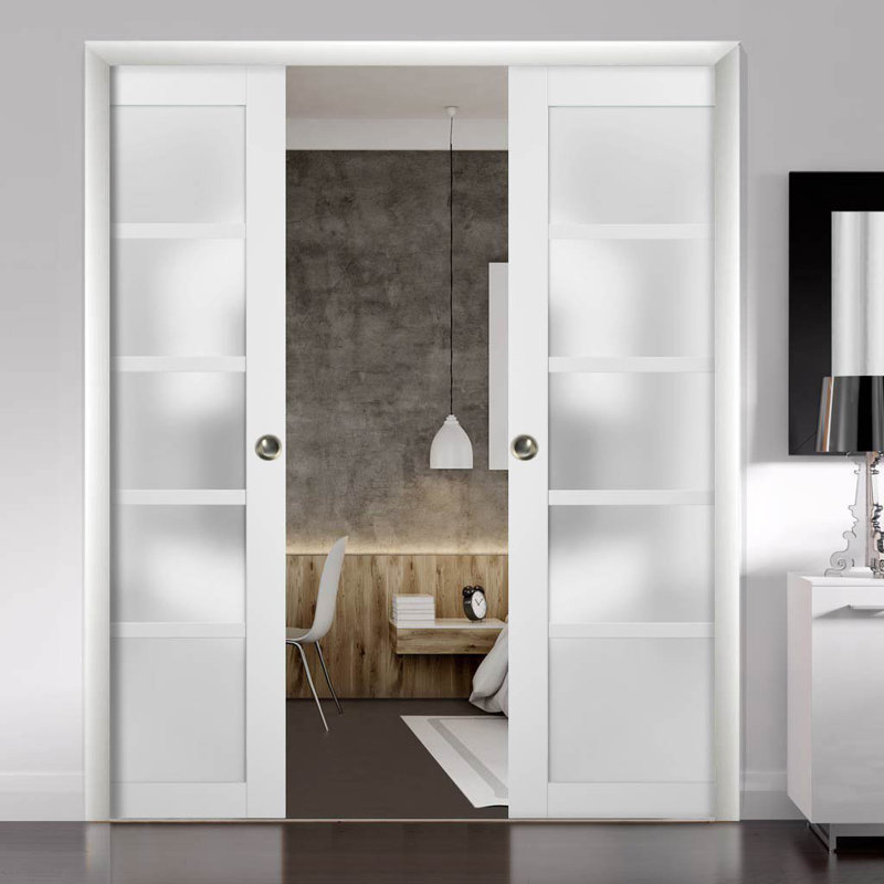 Portes blanches en verre givré Quadro avec trousse de quincaillerie d'installation, 64 po x 80 po