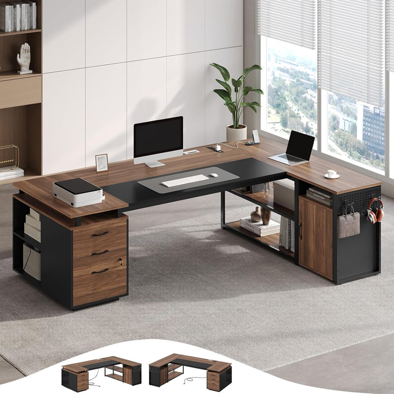 Bureau de direction 71 po avec classeur verrouillable, bureau en L avec prises de courant, bureau d'ordinateur réversible avec écran d'intimité et tiroirs, noyer