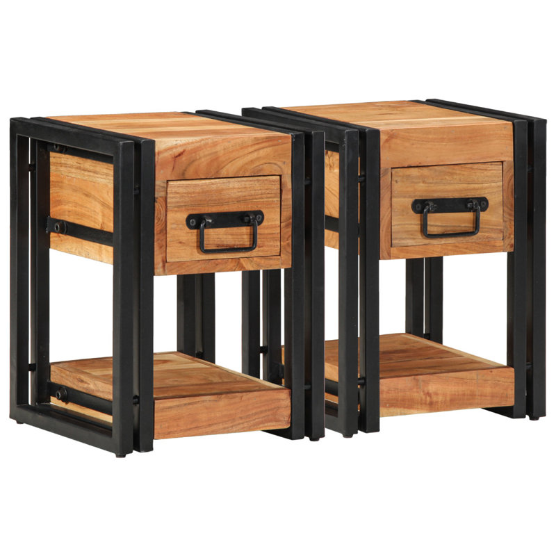 30 cm W Solid Wood Bedside Table, Brown, Set of 2
