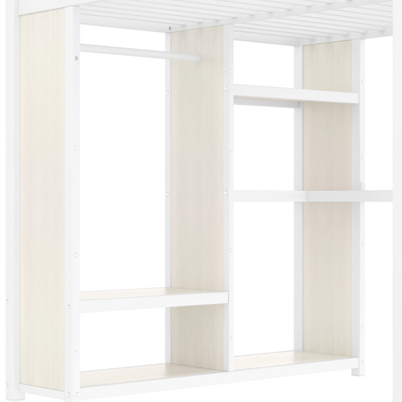 Queen, Metal Loft Bed, White Wood-Grain, Desk, Wardrobe, Storage Shelves, Space Option, Small Bedroom Built-In Storage, Assurance, Bed